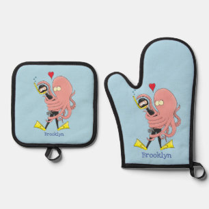 Funny octopus hugs diver cartoon humour oven mitt & pot holder set