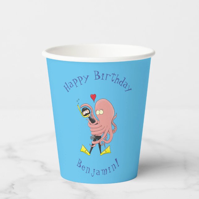Funny octopus hugs diver cartoon humour paper cups (Front)