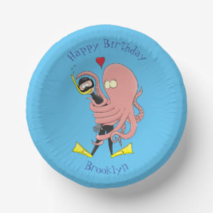 Funny octopus hugs diver cartoon humour paper plate
