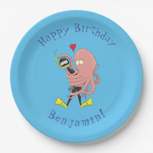 Funny octopus hugs diver cartoon humour paper plate
