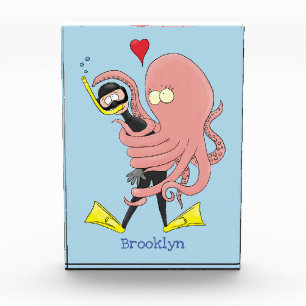 Funny octopus hugs diver cartoon humour photo block