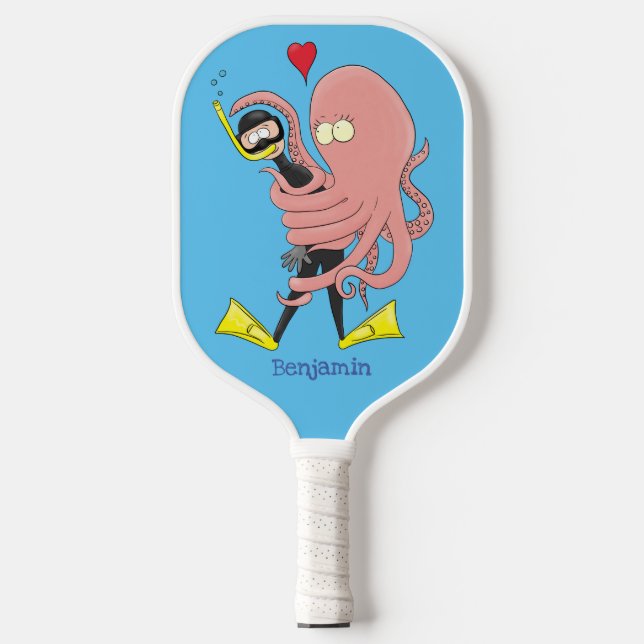 Funny octopus hugs diver cartoon humour pickleball paddle (Front)