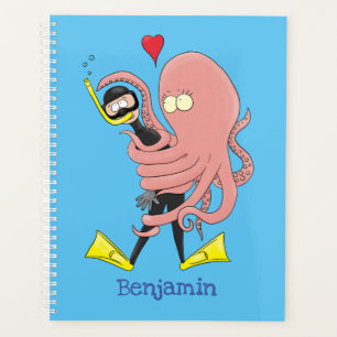 Funny octopus hugs diver cartoon humour planner