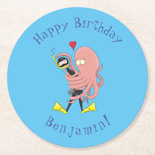 Funny octopus hugs diver cartoon humour  round paper coaster (Front)