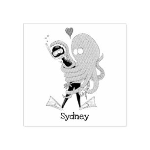 Funny octopus hugs diver cartoon humour rubber stamp