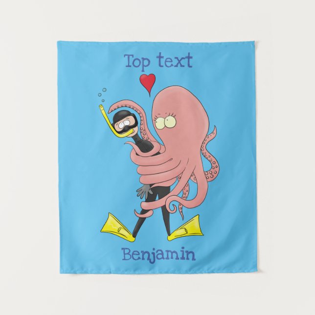 Funny octopus hugs diver cartoon humour tapestry (Front)