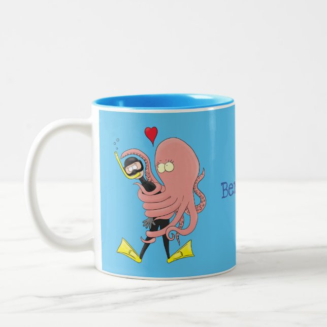 Funny octopus hugs diver cartoon humour  Two-Tone coffee mug (Left)