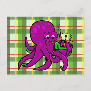 Funny Octopus  Illustration Cartoon Bagpipes Postcard