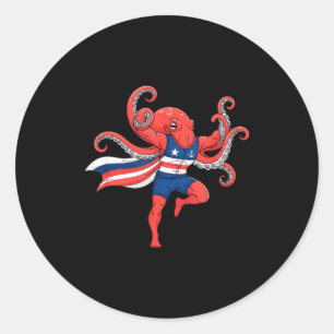Funny octopus superhero patriotic muscular captain classic round sticker