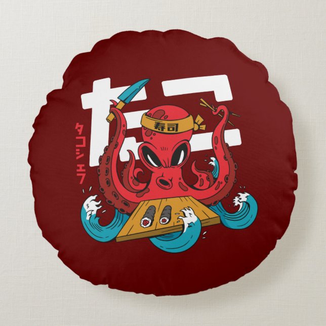 Funny Octopus Sushi Chef Design Round Cushion (Front)