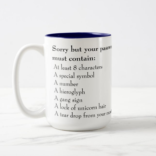 Funny Office, Impossible Password Two-Tone Coffee Mug (Left)