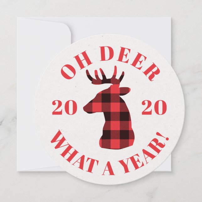 Funny Oh Deer 2020 Buffalo Plaid Photo Holiday Card (Front)