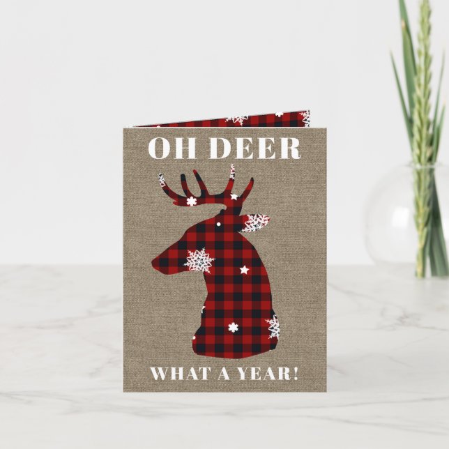 Funny Oh Deer Buffalo Plaid Burlap Christmas Holiday Card (Front)