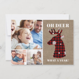 Funny Oh Deer Plaid Snowflakes Photo Collage Holiday Card
