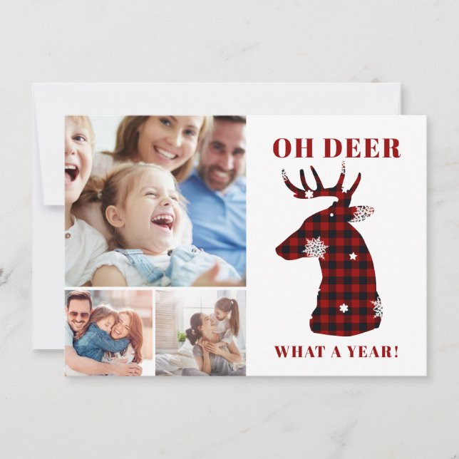 Funny Oh Deer Plaid Snowflakes Photo Collage Holiday Card (Front)