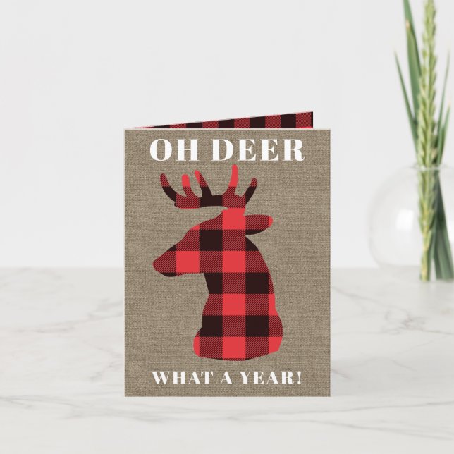 Funny Oh Deer What a Year Buffalo Plaid Burlap Holiday Card (Front)