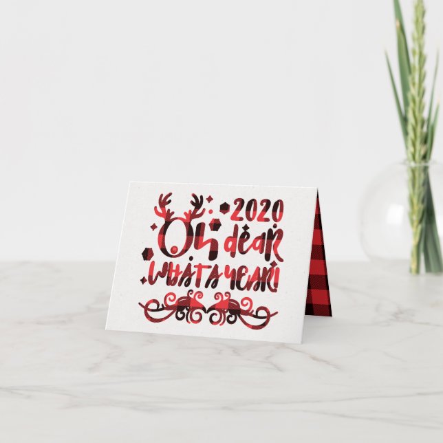 Funny Oh Deer What a Year Buffalo Plaid Christmas Holiday Card (Front)