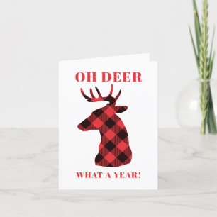 Funny Oh Deer What a Year Buffalo Plaid Deer Holid Holiday Card