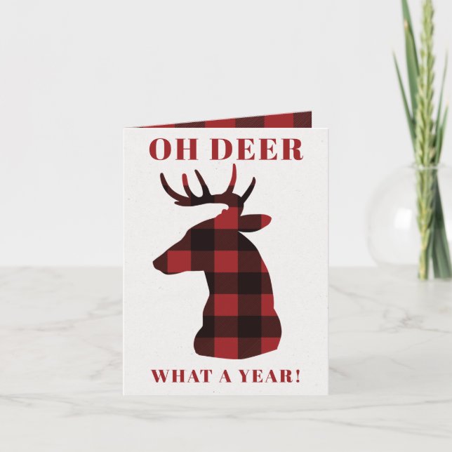 Funny Oh Deer What a Year Buffalo Plaid Deer Holiday Card (Front)