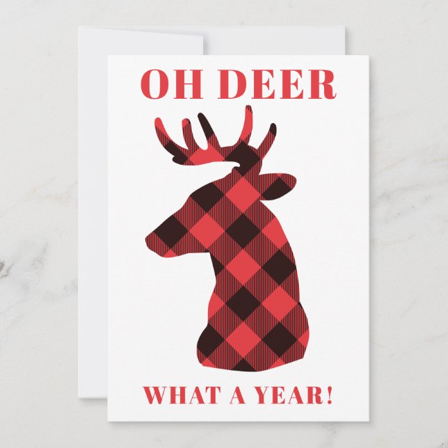 Funny Oh Deer What a Year Buffalo Plaid Holiday Card (Front)