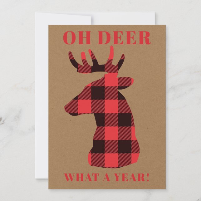 Funny Oh Deer What a Year Buffalo Plaid Kraft Holiday Card (Front)