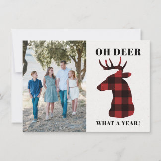 Funny Oh Deer What a Year Buffalo Plaid Photo Holiday Card