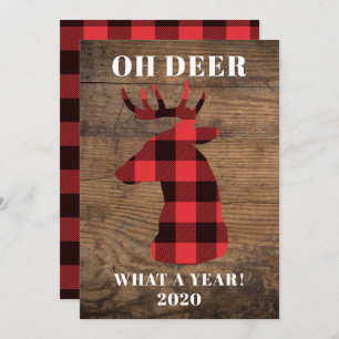 Funny Oh Deer What a Year Buffalo Plaid Wood Holiday Card