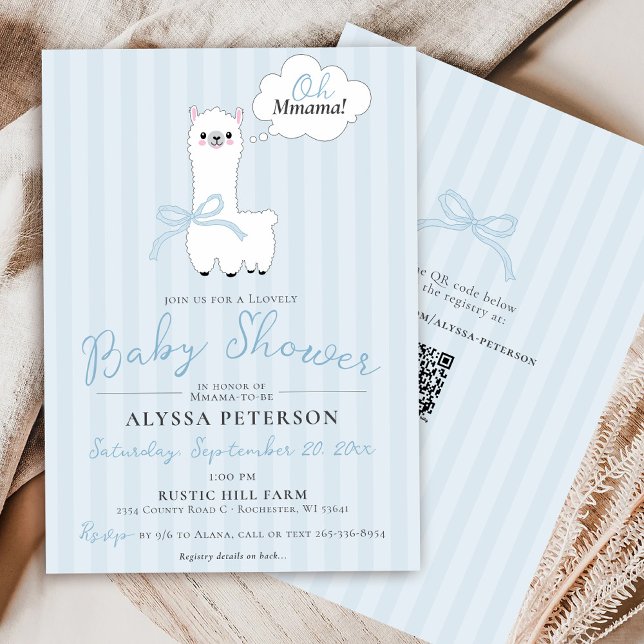 Funny Oh Mmama Llama Cute Blue Baby Boy Shower Invitation (Cute Oh Mmama Llama funny farm animal blue bow stripes baby boy QR code modern shower invitation )