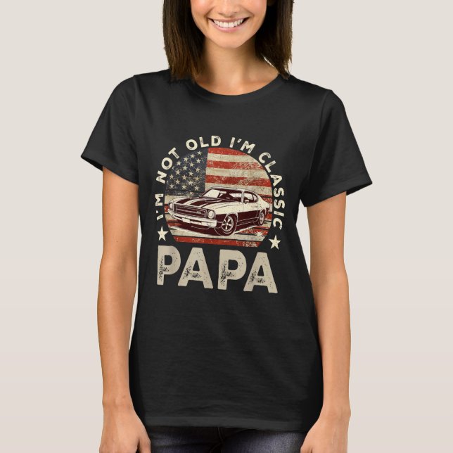 Funny Old Car Clic American Us Flag Mens Dad Papa  T-Shirt (Front)