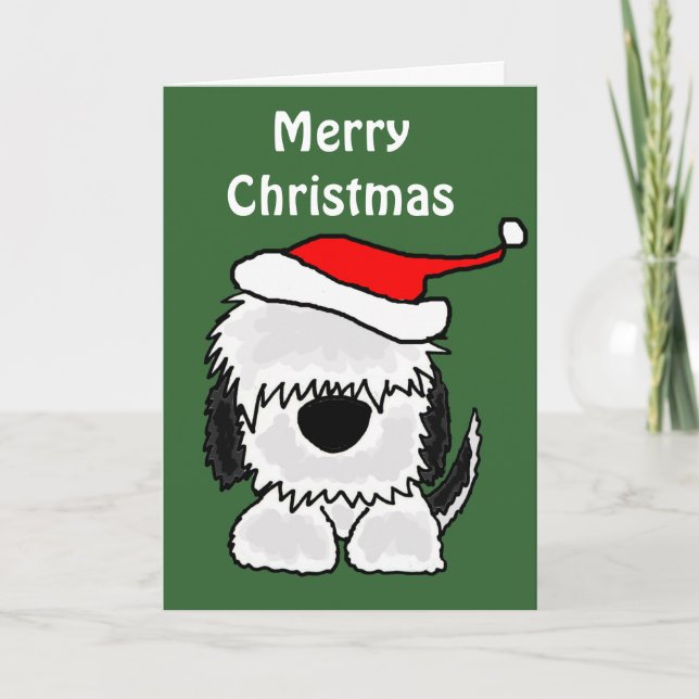 Funny Old English Sheepdog in Santa Hat Holiday Card (Front)