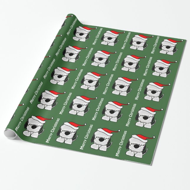 Funny Old English Sheepdog in Santa Hat Wrapping Paper (Unrolled)