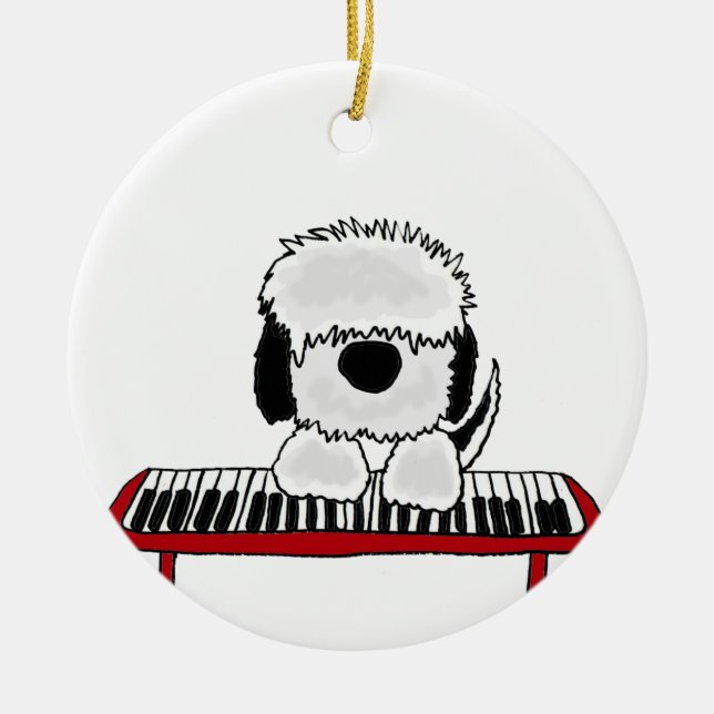 Funny Old English Sheepdog Playing Keyboard Ceramic Ornament (Front)