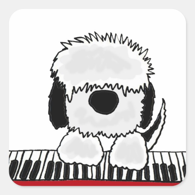 Funny Old English Sheepdog Playing Keyboard Square Sticker (Front)