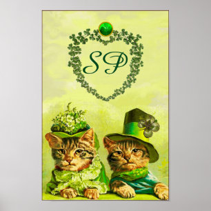 FUNNY OLD FASHION ST.PATRICK'S CATS,HEART MONOGRAM POSTER