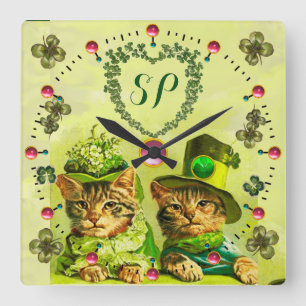 FUNNY OLD FASHION ST.PATRICK'S CATS,HEART MONOGRAM SQUARE WALL CLOCK