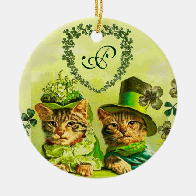 FUNNY OLD FASHION ST.PATRICK'S DAY CATS HEART CERAMIC ORNAMENT (Front)