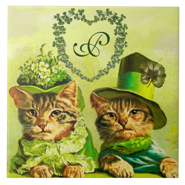 FUNNY OLD FASHION ST.PATRICK'S DAY CATS HEART CERAMIC TILE (Front)