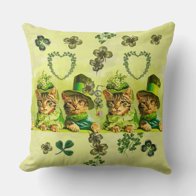 FUNNY OLD FASHION ST PATRICK'S DAY CATS, SHAMROCKS CUSHION (Front)