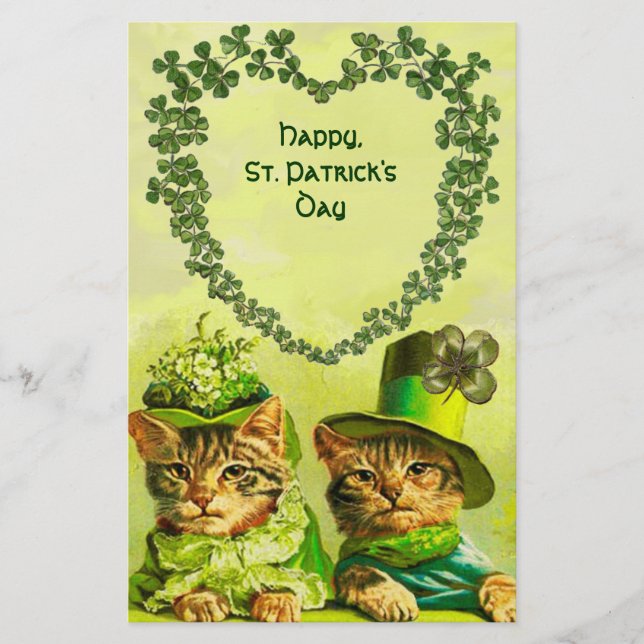 FUNNY OLD FASHION ST PATRICK'S DAY CATS, SHAMROCKS STATIONERY (Front)