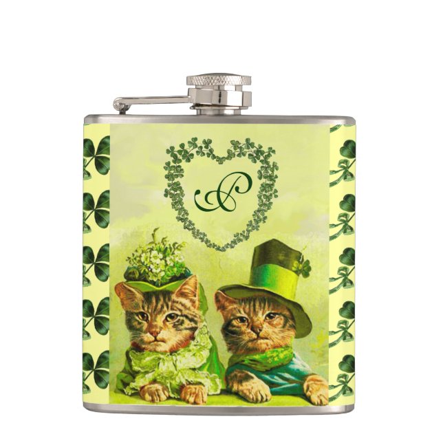FUNNY OLD FASHION ST.PATRICK'S DAY CATS WITH HEART HIP FLASK (Front)