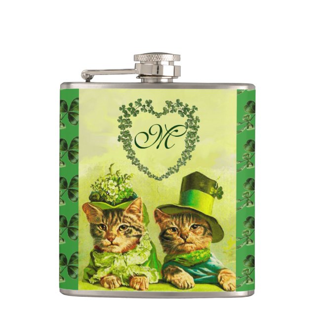 FUNNY OLD FASHION ST.PATRICK'S DAY CATS WITH HEART HIP FLASK (Front)