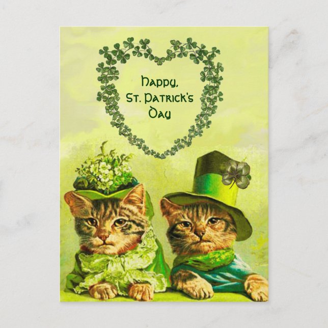 FUNNY OLD FASHION ST.PATRICK'S DAY CATS WITH HEART POSTCARD (Front)