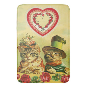 FUNNY OLD FASHION VALENTINES DAY CATS,Hearts,Roses Bath Mat