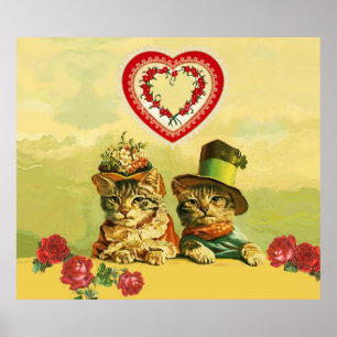 FUNNY OLD FASHION VALENTINES DAY CATS,Hearts,Roses Poster