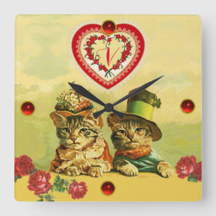 FUNNY OLD FASHION VALENTINES DAY CATS,Hearts,Roses Square Wall Clock