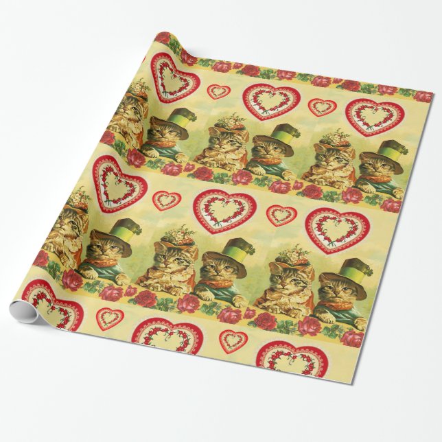 FUNNY OLD FASHION VALENTINES DAY CATS,Hearts,Roses Wrapping Paper (Unrolled)
