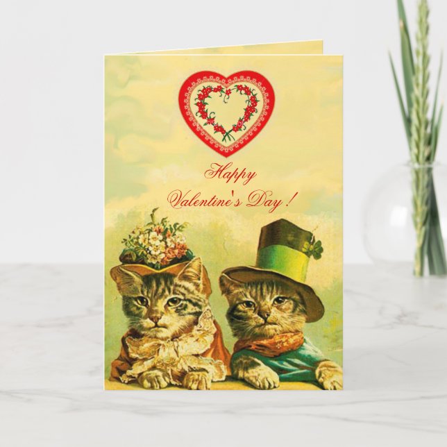 FUNNY OLD FASHION VALENTINE'S DAY CATS WITH HEART HOLIDAY CARD (Front)