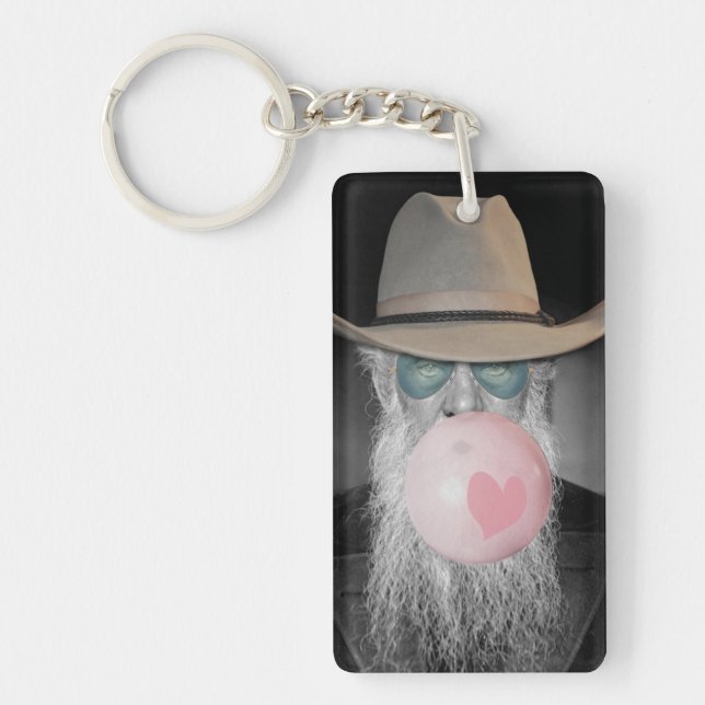 Funny Old Guy Blowing Bubble Gum and Heart Key Ring (Front)