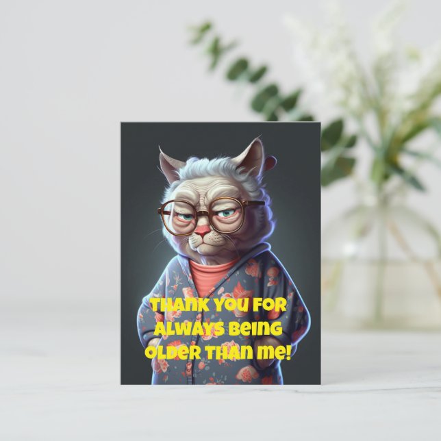Funny Old-Looking Lady Cat Birthday Greeting Card  (Standing Front)