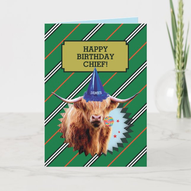 Funny Old Man Birthday Card With Highland Cow (Front)